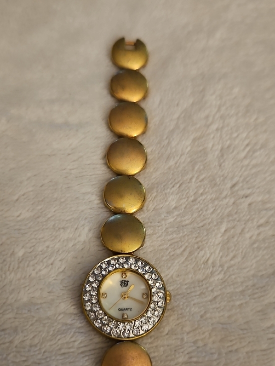 Vtg ELIZABETH TAYLOR Crytal Matte Brass Circle Analog Watch main image 6